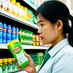 Home 6 **
A Vietnamese woman, a discerning consumer, carefully examining the label of a cleaning product at a local supermarket (Coopmart or Big C). She's wearing modest clothing, professional attire. The product has green packaging. Focus on her thoughtful expression, showing skepticism. Safe for work, appropriate content, fully clothed, perfect anatomy, natural proportions, professional photography, high quality.
**
