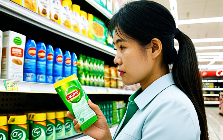 **

A Vietnamese woman, a discerning consumer, carefully examining the label of a cleaning product at a local supermarket (Coopmart or Big C). She's wearing modest clothing, professional attire. The product has green packaging. Focus on her thoughtful expression, showing skepticism. Safe for work, appropriate content, fully clothed, perfect anatomy, natural proportions, professional photography, high quality.

**