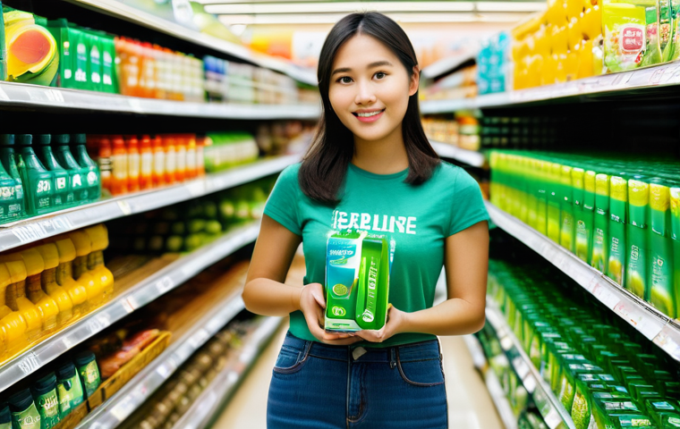 그린워싱의 실태와 소비자의 역할 - **Prompt:** A young Vietnamese woman, in her late 20s, wearing modest, casual clothing (jeans and a ...