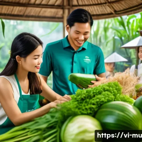 그린워싱 비판을 위한 효과적인 커뮤니케이션 - A detailed, vibrant Vietnamese market scene focusing on eco-friendly products with clear labels show...