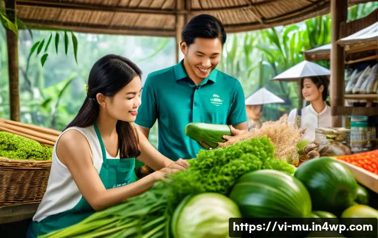 그린워싱 비판을 위한 효과적인 커뮤니케이션 - A detailed, vibrant Vietnamese market scene focusing on eco-friendly products with clear labels show...