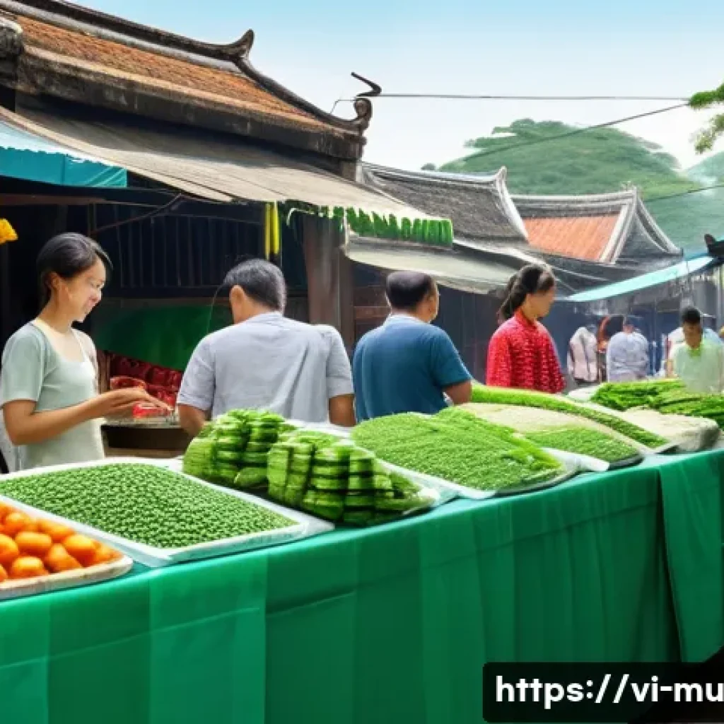 기업의 그린워싱 전략 이해하기 - A Vietnamese urban market scene featuring eco-friendly product stalls decorated with green packaging...
