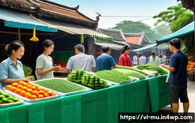기업의 그린워싱 전략 이해하기 - A Vietnamese urban market scene featuring eco-friendly product stalls decorated with green packaging...