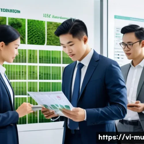 그린워싱의 사회적 합의 형성 - A detailed corporate office scene showing a diverse group of Vietnamese business professionals in fo...