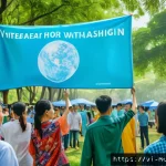 그린워싱 비판을 위한 캠페인 사례 - A vibrant Vietnamese community gathering outdoors in a lush green park, diverse people of all ages a...
