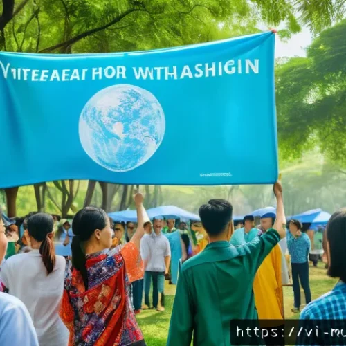 그린워싱 비판을 위한 캠페인 사례 - A vibrant Vietnamese community gathering outdoors in a lush green park, diverse people of all ages a...