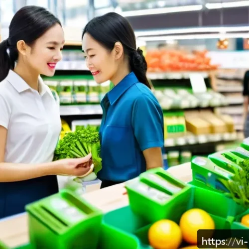 Home 30 2023년 그린워싱 트렌드 - A realistic scene depicting a Vietnamese marketplace with eco-friendly products displayed prominentl...