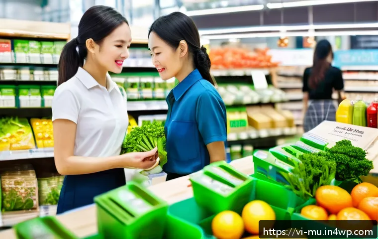 2023년 그린워싱 트렌드 - A realistic scene depicting a Vietnamese marketplace with eco-friendly products displayed prominentl...