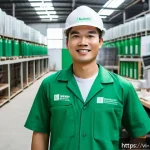 Home 23 그린워싱의 법적 기준 및 규제 - A Vietnamese small business owner in a modern eco-friendly factory setting, showcasing sustainable p...