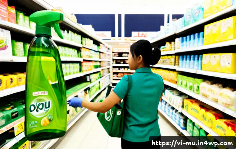 그린워싱을 피하는 소비자 가이드 - Photorealistic Vietnamese consumer in a bright modern supermarket in Ho Chi Minh City, carefully com...